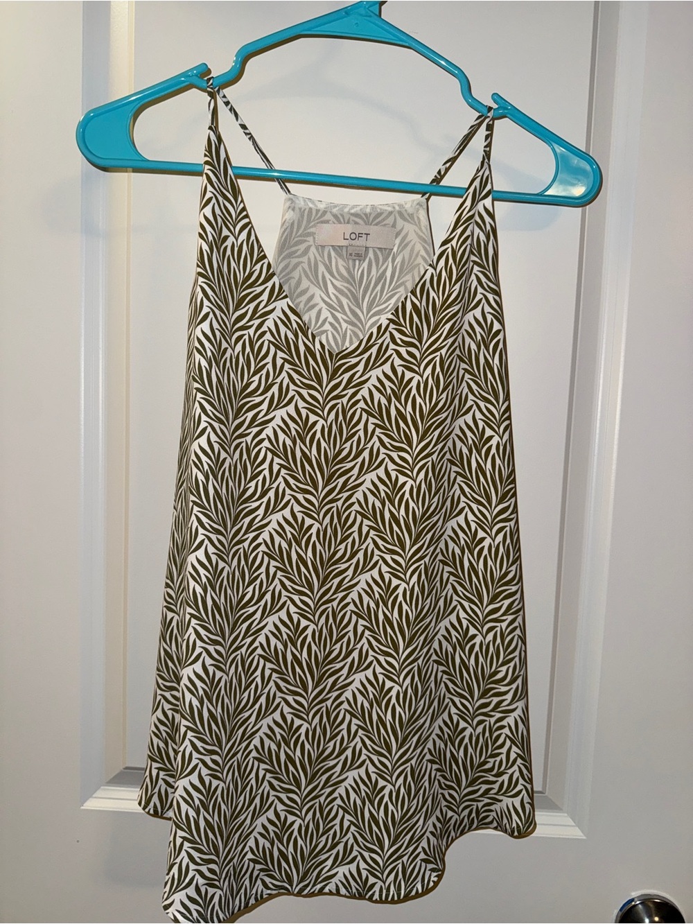 LOFT Olive Green and White Leaf-Print Spaghetti Strap Top
